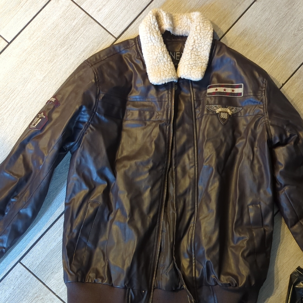 Men's Brown Leather Bomber Jacket with Shearling Collar
